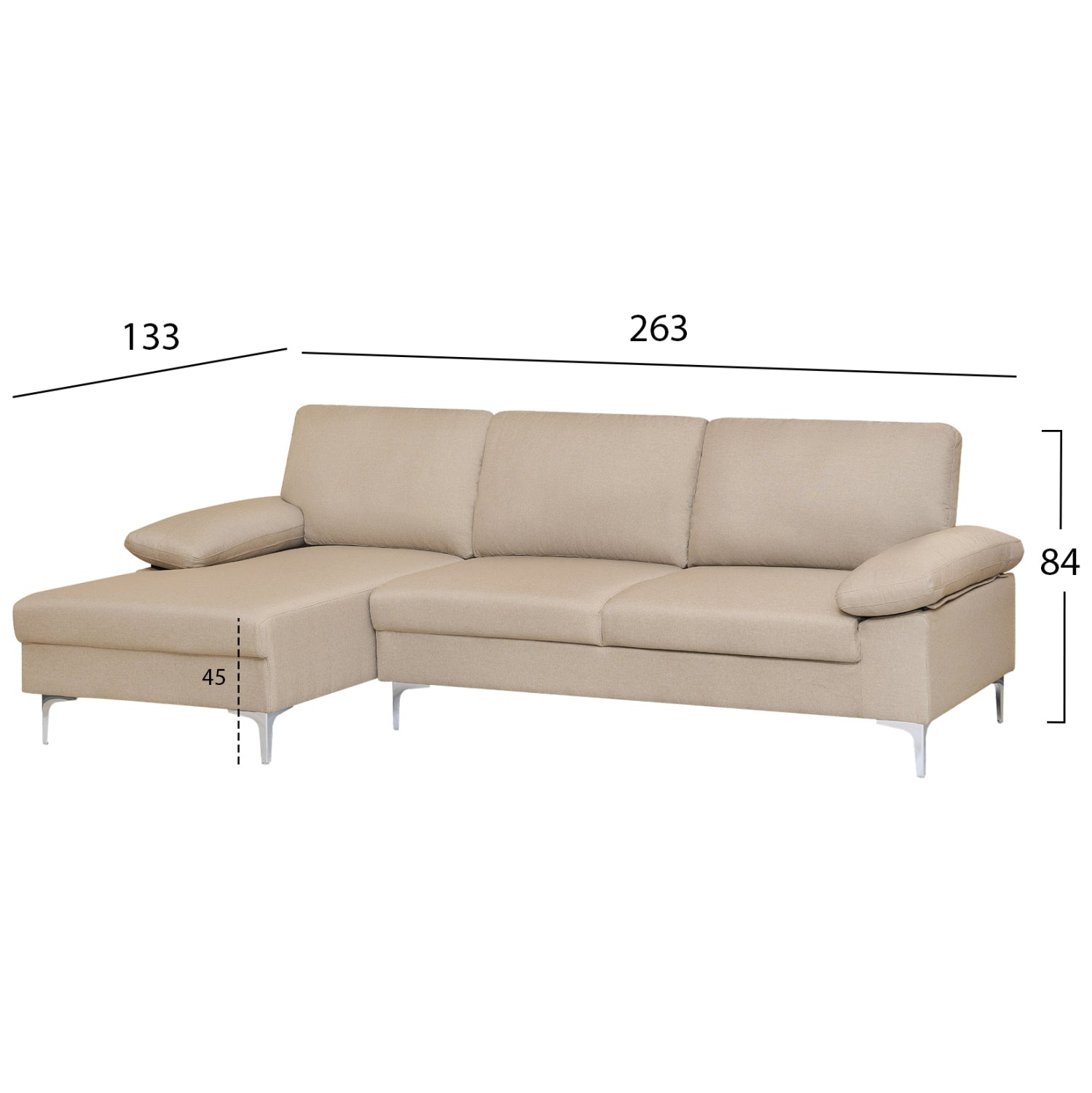 SOFA LEFT CORNER ANTON HM3340.02L IVORY FABRIC--METAL LEGS 263x133x85Hcm