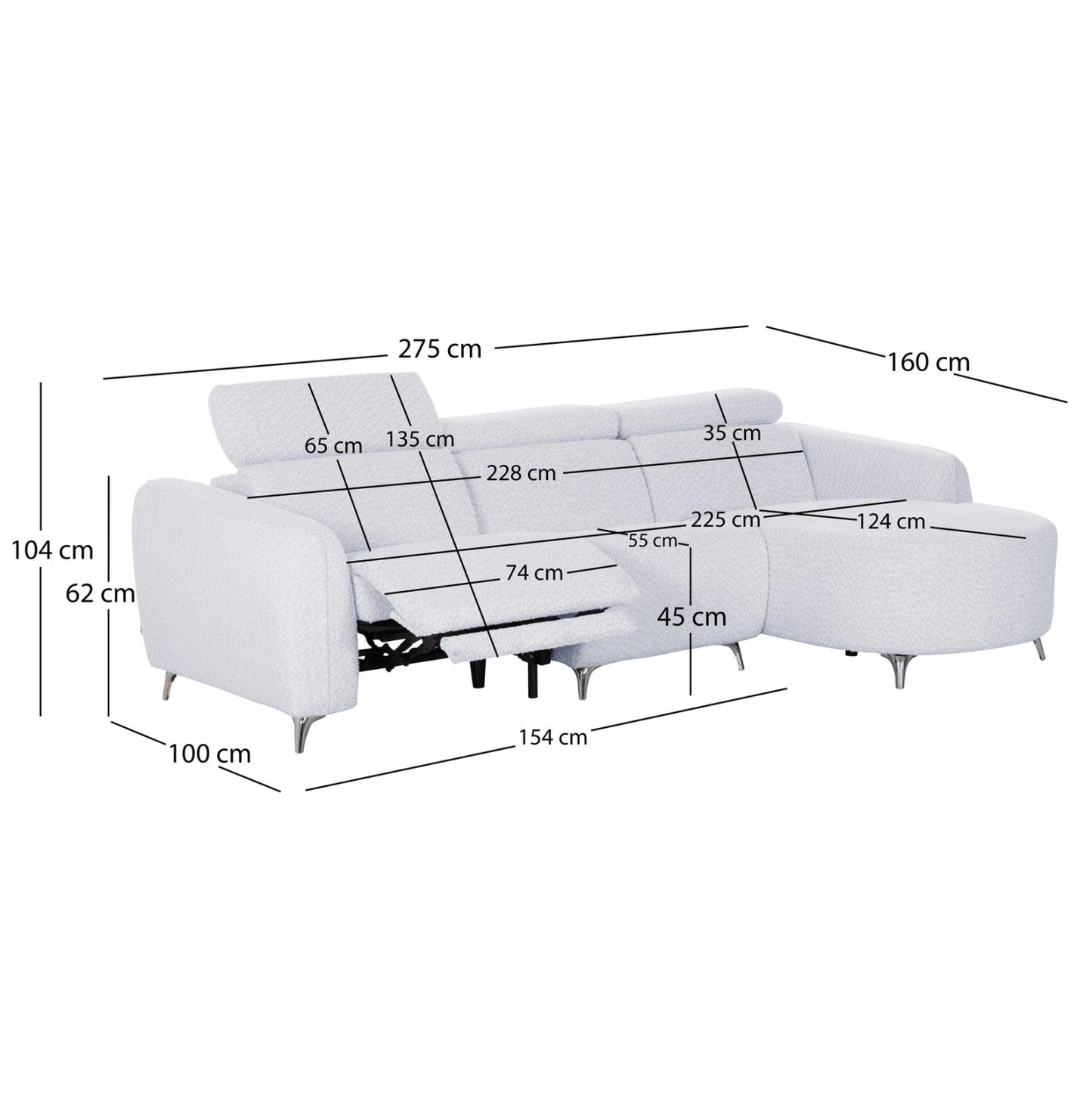 RIGHT CORNER 3-SEAT SOFA WITH RECLINE VALENTE SM3317.01R LIGHT GREY FABRIC 275x160x104H