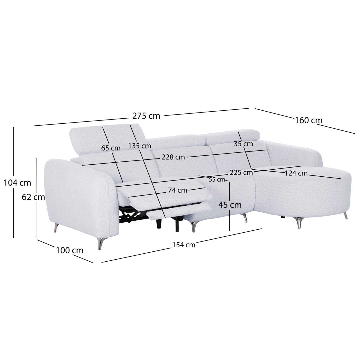 RIGHT CORNER 3-SEAT SOFA WITH RECLINE VALENTE SM3317.01R LIGHT GREY FABRIC 275x160x104H