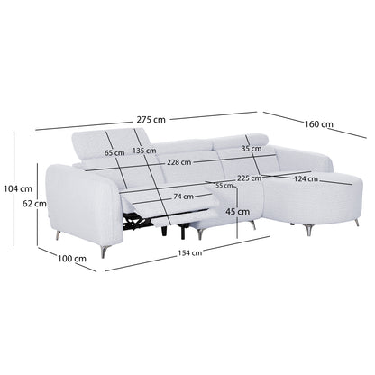 RIGHT CORNER 3-SEAT SOFA WITH RECLINE VALENTE SM3317.01R LIGHT GREY FABRIC 275x160x104H