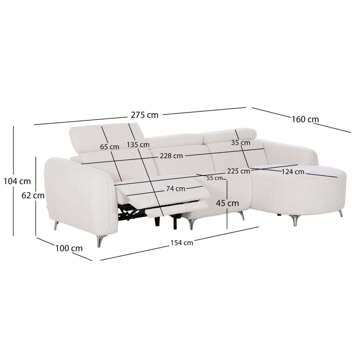 RIGHT CORNER 3-SEAT SOFA WITH RECLINE VALENTE SM3317.02R BEIGE FABRIC 275x160x104H