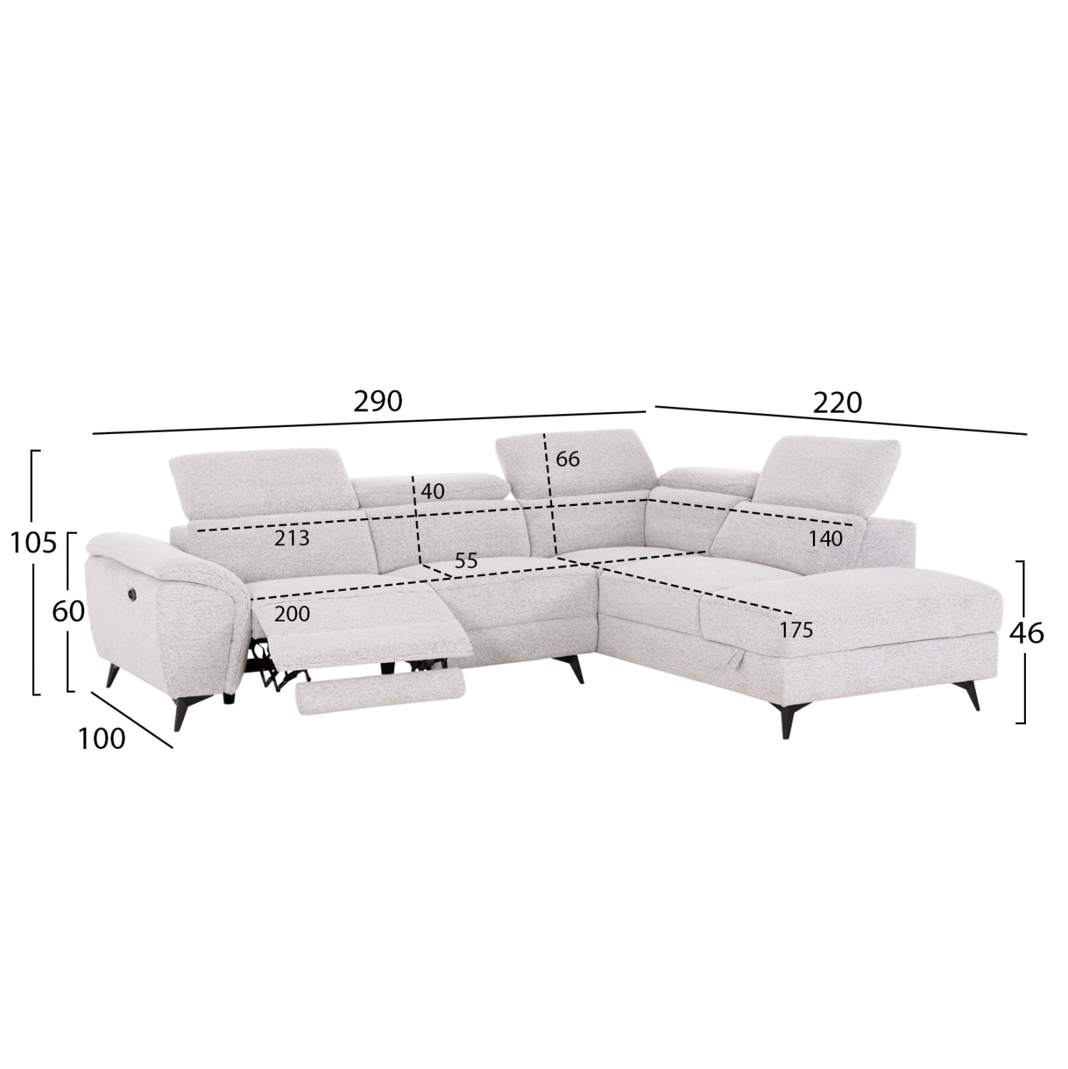 SOFA RIGHT CORNER-RECLINE & STORAGE SPACE RESTRO HM3339.02R BEIGE FABRIC 290x220x80Hcm.