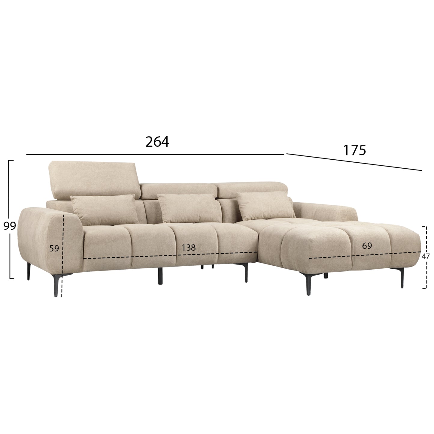 CORNER SOFA RIGHT DIVYA HM3267.11R BROWN FABRIC 264x175x99Hcm.