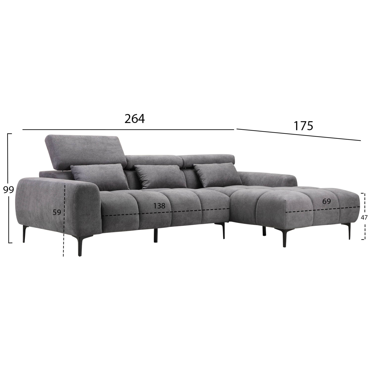 CORNER SOFA RIGHT DIVYA HM3267.12R GREY FABRIC 264x175x99Hcm.