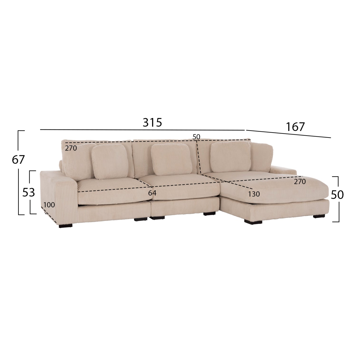 CORNER SOFA RIGHT CRANFIELD HM3287.02R BEIGE CORD FABRIC 315x167(corner)x67Hcm.