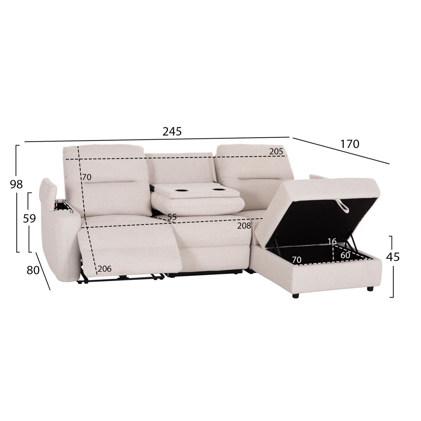 RIGHT CORNER SOFA SYNTHIA HM3308.01R RECLINE & STORAGE SPACE--BEIGE FABRIC 245x170x98Hcm.