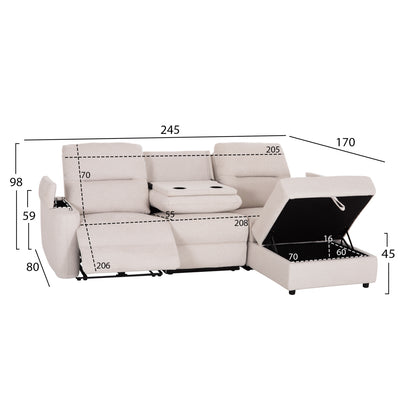 RIGHT CORNER SOFA SYNTHIA HM3308.01R RECLINE & STORAGE SPACE--BEIGE FABRIC 245x170x98Hcm.