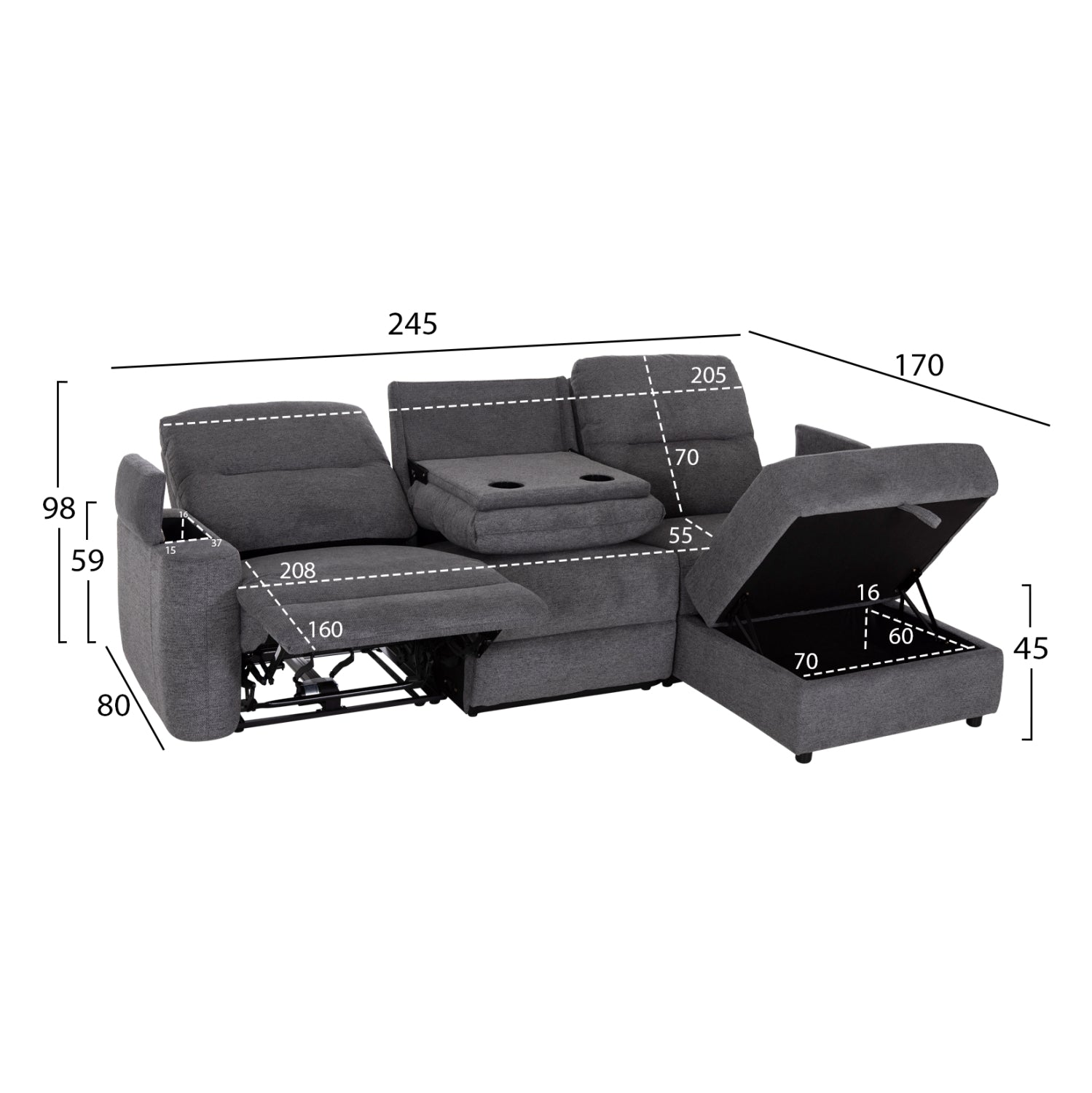 RIGHT CORNER SOFA SYNTHIA HM3308.03R RECLINE & STORAGE SPACE--GREY FABRIC 245x170x98Hcm.