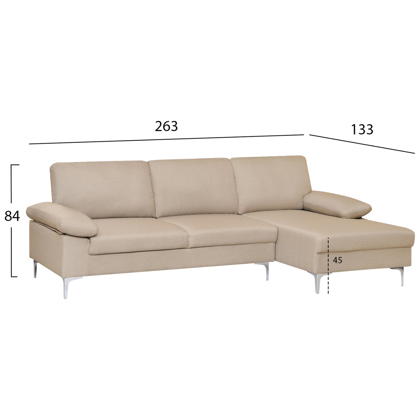 SOFA RIGHT CORNER ANTON HM3340.02R IVORY FABRIC--METAL LEGS 263x133x85Hcm