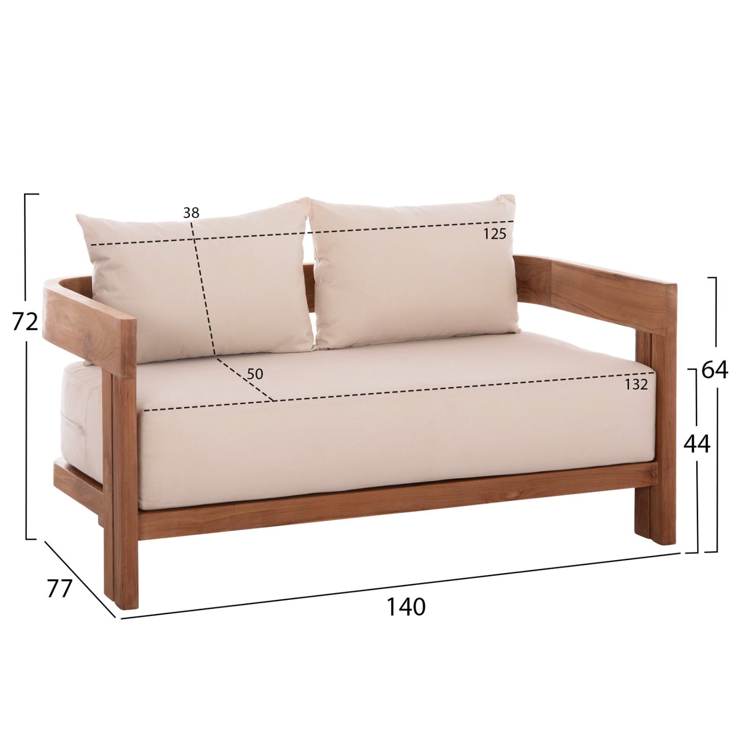 SOFA 2-SEATER SERIES KIOTO HM6381 TEAK WOOD IN NATURAL--BEIGE CUSHIONS 140x77x72Hcm.