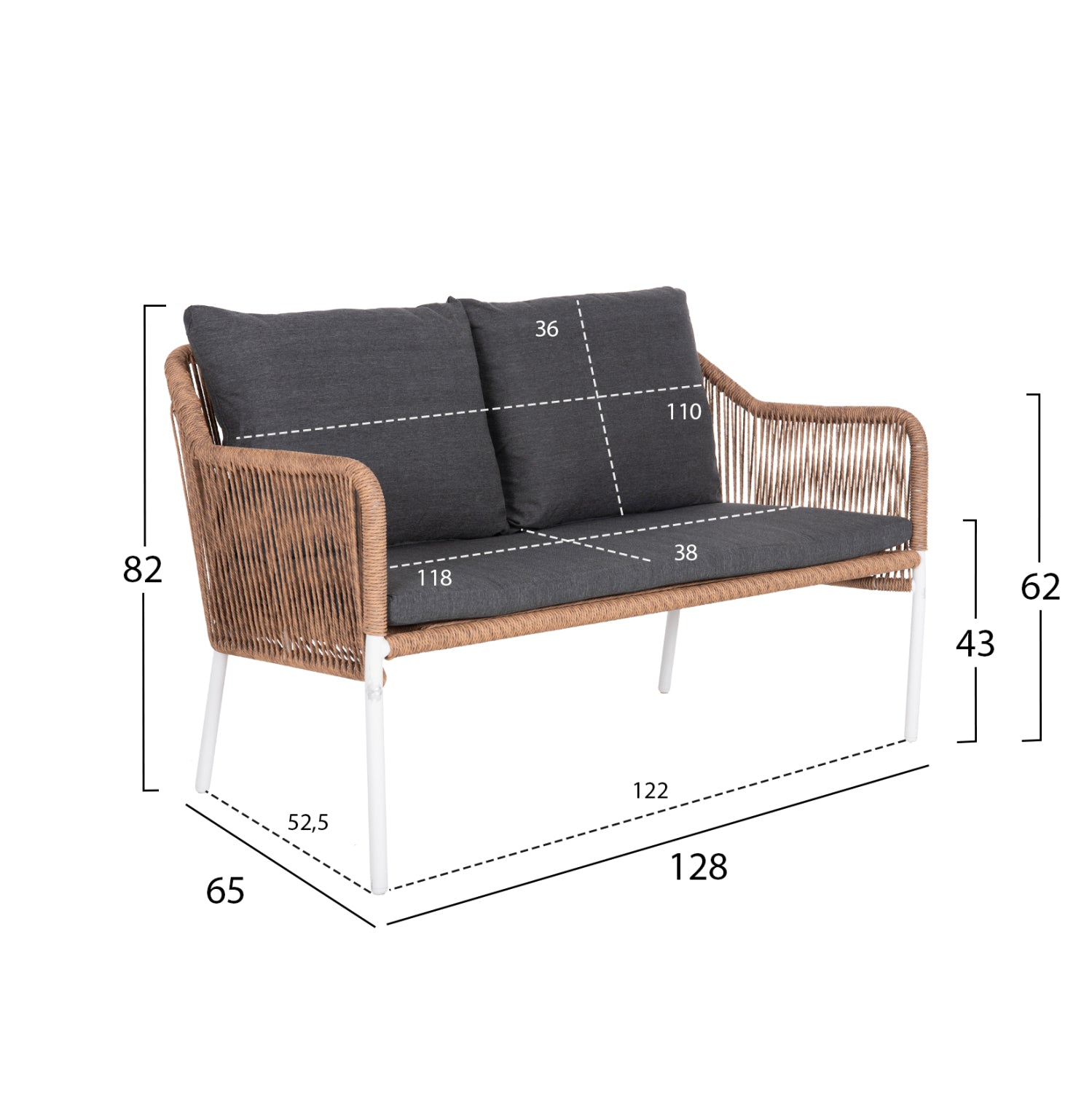 OUTDOOR 2-SEATER SOFA BAFFIN HM6054.01 ALUMINUM WHITE-PE RATTAN BEIGE-ANTHRACITE CUSHIONS