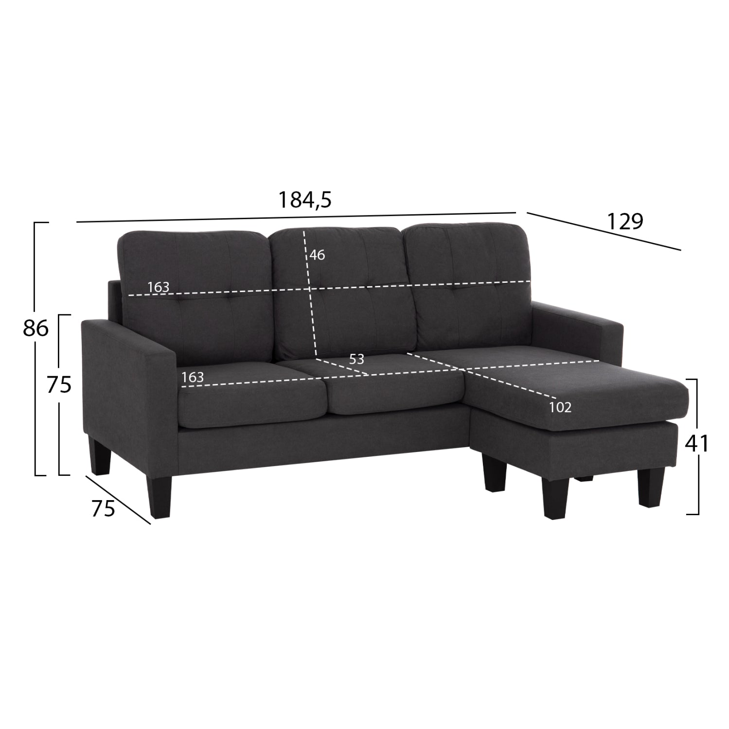 CORNER SOFA REVERSIBLE MEGGY HM3297.11 GREY FABRIC 184.5x75-129x86Hcm.