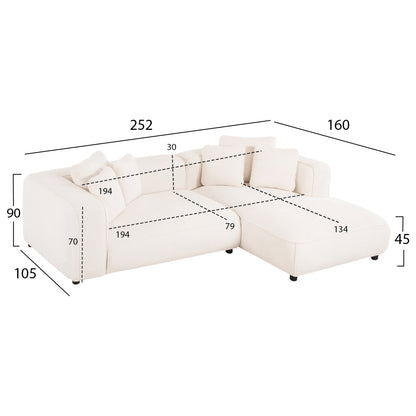 CORNER SOFA (RIGHT) 3-SEATER GRACE HM3280.02R WHITE FABRIC 252x105-160x70-90Hcm.