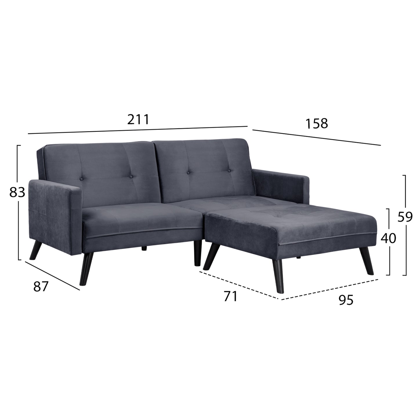 Sofa Corner Bed Livia HM3151.01 Velvet Grey with Footstep 211x158x83cm