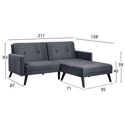 Sofa Corner Bed Livia HM3151.01 Velvet Grey with Footstep 211x158x83cm