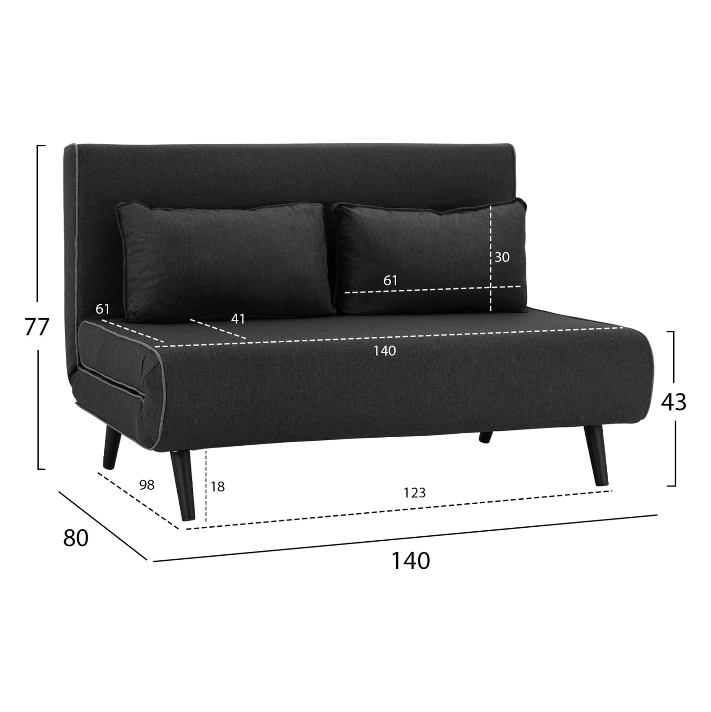 SOFABED FOR 2 PEOPLE ASMA HM3077.03 FABRIC IN DARK GREY 140x80x77Hcm.