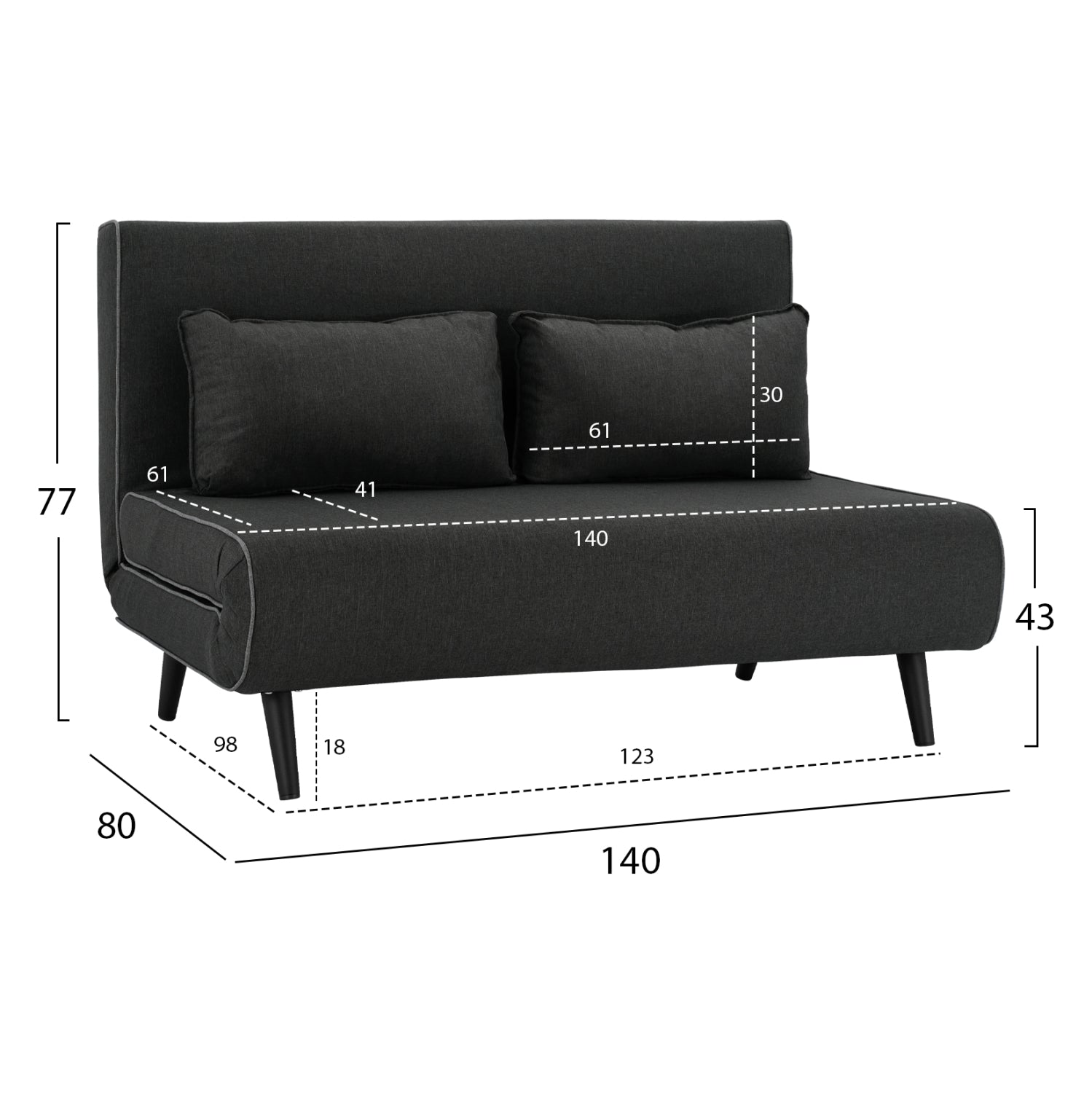 SOFABED FOR 2 PEOPLE ASMA HM3077.03 FABRIC IN DARK GREY 140x80x77Hcm.