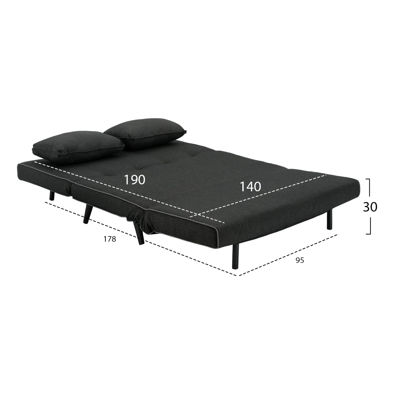 SOFABED FOR 2 PEOPLE ASMA HM3077.03 FABRIC IN DARK GREY 140x80x77Hcm.