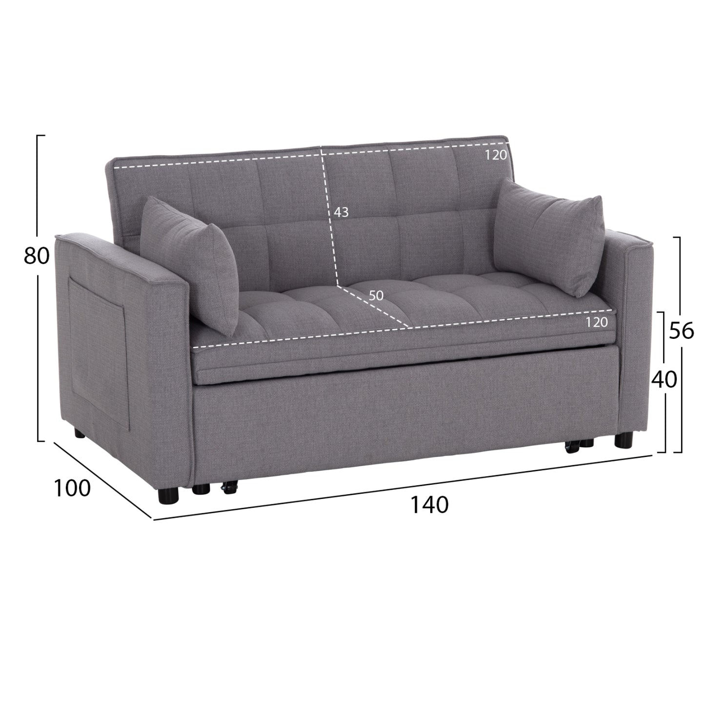 SOFA BED 2-SEATER BORG HM3289.01 GREY FABRIC 140x100x80Hcm.