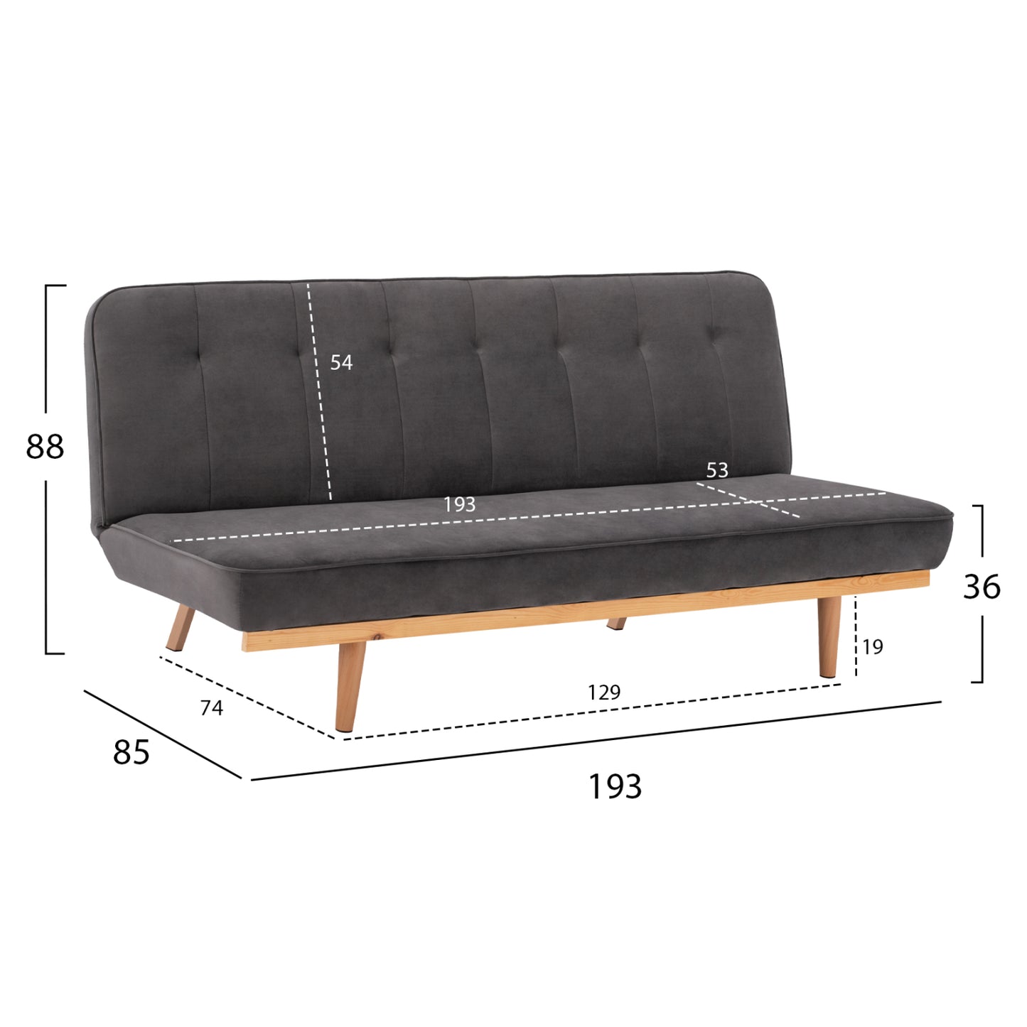 Sofa Bed 3 seater from velvet grey HM3168.01 193x85x88cm