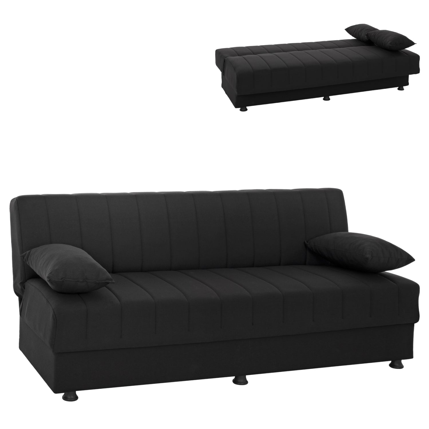 Hm3239.01 ANDRI three-seater sofa-bed, black fabric, short legs, without arms