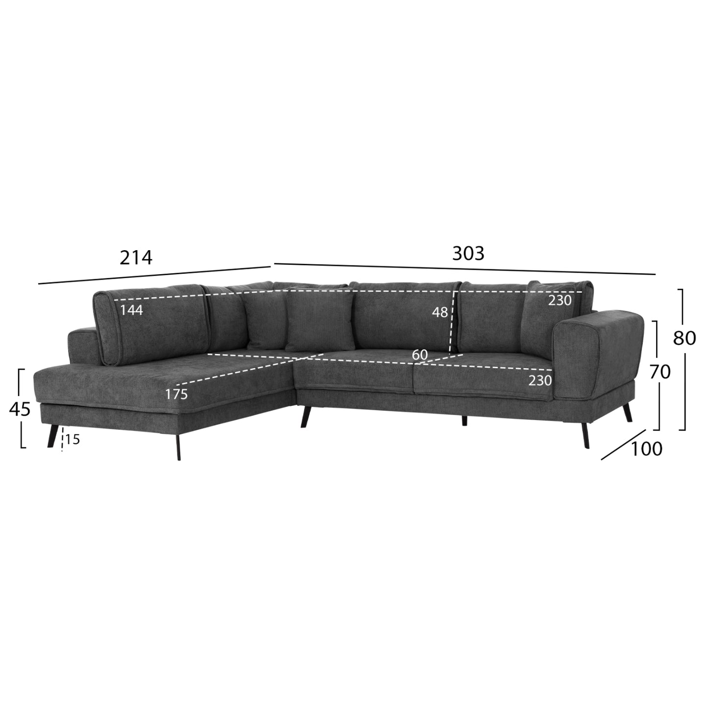CORNER SOFABED (LEFT) ZENORA HM3337.01L DARK GREY FABRIC 303x214x80Hcm