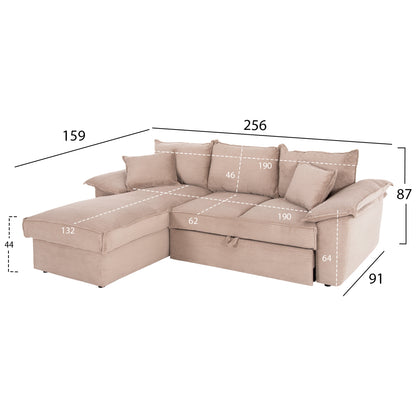 CORNER (LEFT) SOFA-BED WITH STORAGE SPACE ALDO HM3276.01L BEIGE FABRIC 256x91-159x87Hcm.