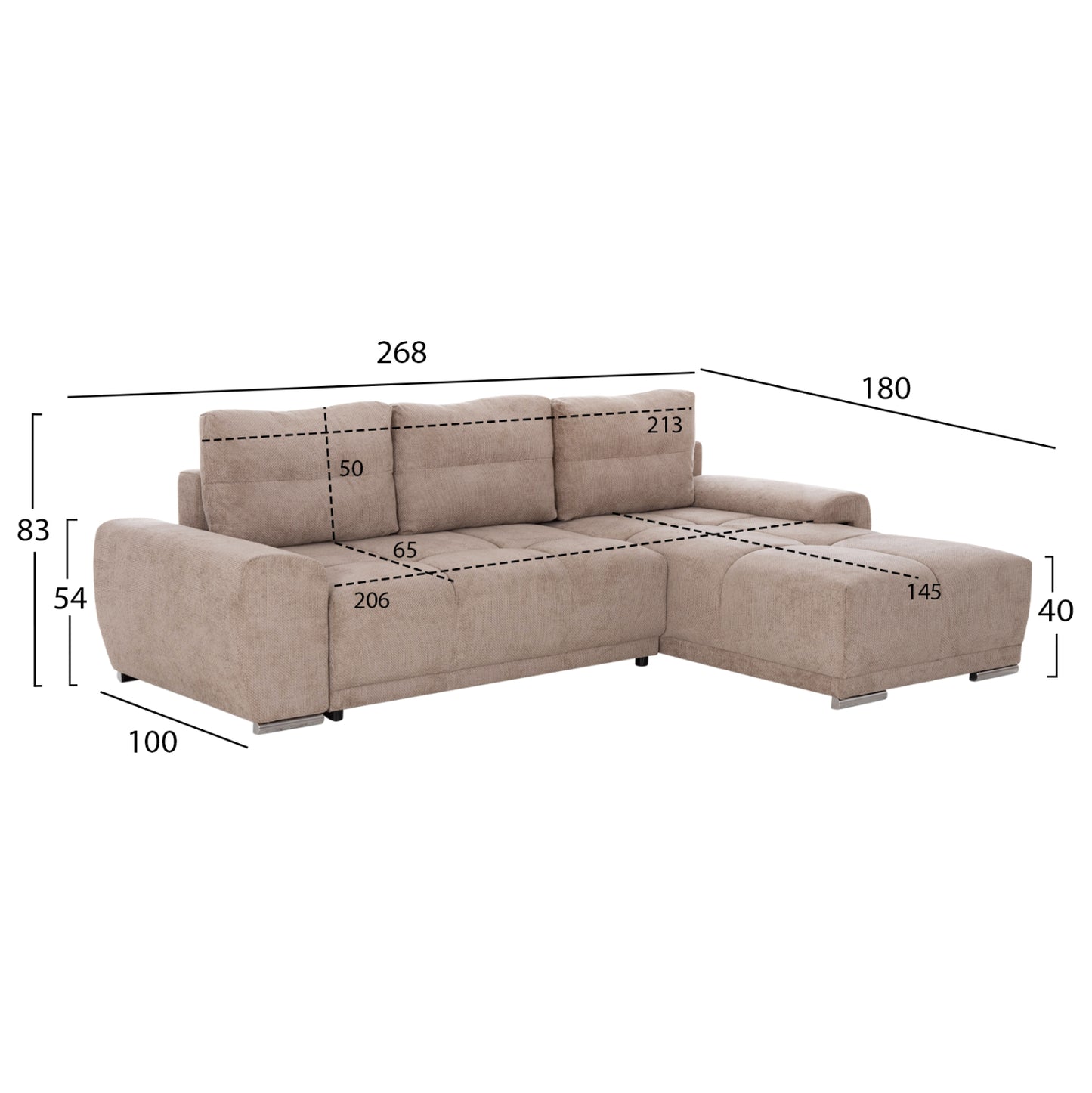 RIGHT CORNER SOFABED COMFYRA HM3336.03R BEIGE FABRIC 270x181x75Hcm.