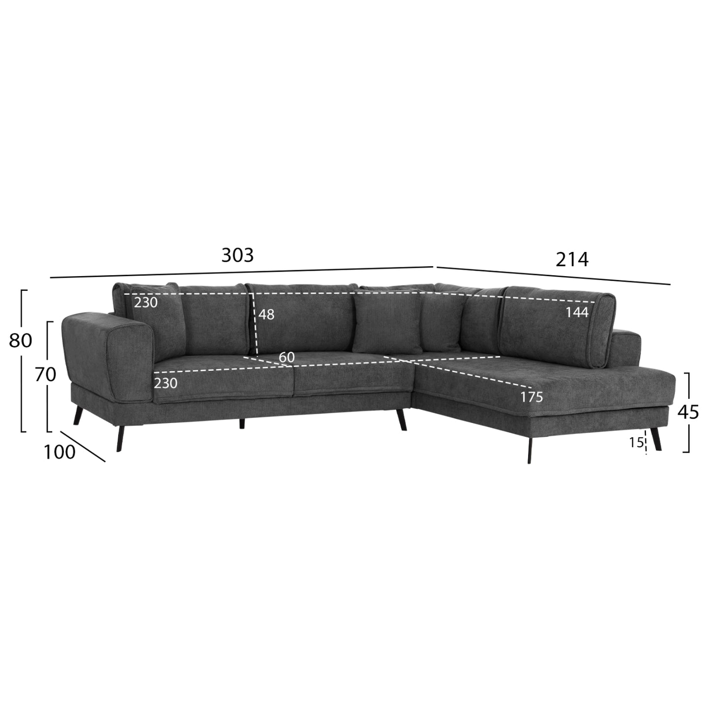 CORNER SOFABED (RIGHT) ZENORA HM3337.01R DARK GREY FABRIC 303x214x80Hcm