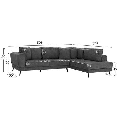 CORNER SOFABED (RIGHT) ZENORA HM3337.01R DARK GREY FABRIC 303x214x80Hcm