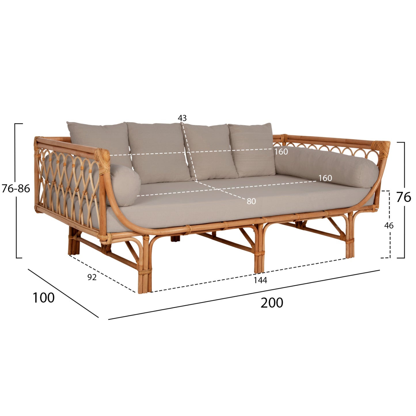 DAYBED-SOFA ALIKI HM9658 RATTAN IN NATURAL-BEIGE CUSHIONS  200x100x76Hcm.