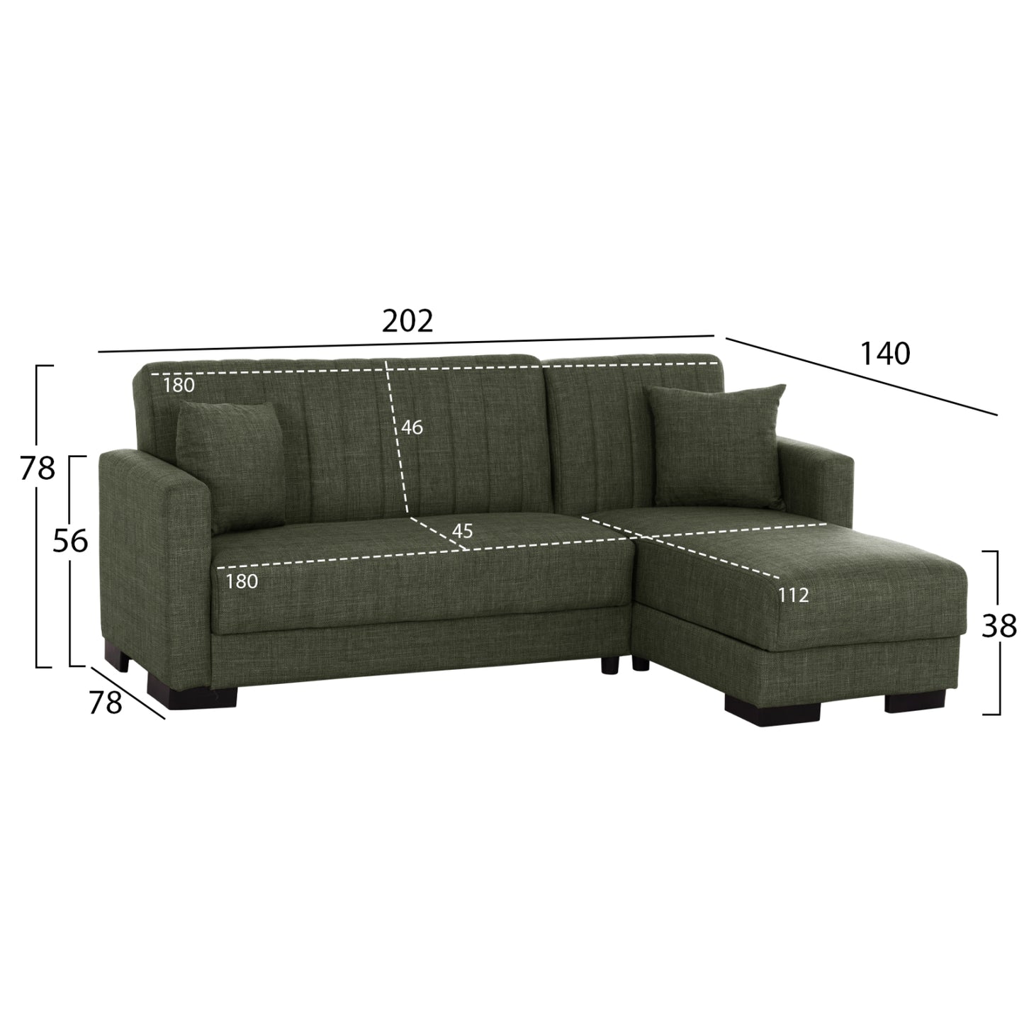 HM3244.05, corner sofa-bed, dark olive, reversible, 202x140x78cm