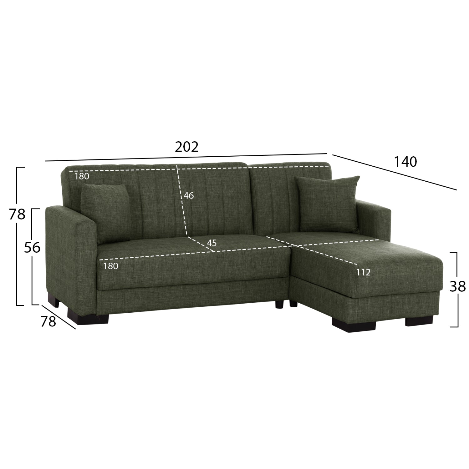 HM3244.05, corner sofa-bed, dark olive, reversible, 202x140x78cm