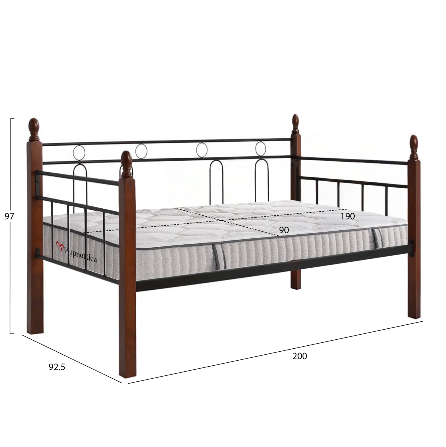 SOFABED WITH MATTRESS REVEN HM10755 METAL & RUBBERWOOD IN DIRTY OAK--MATTRESS 90x190cm.