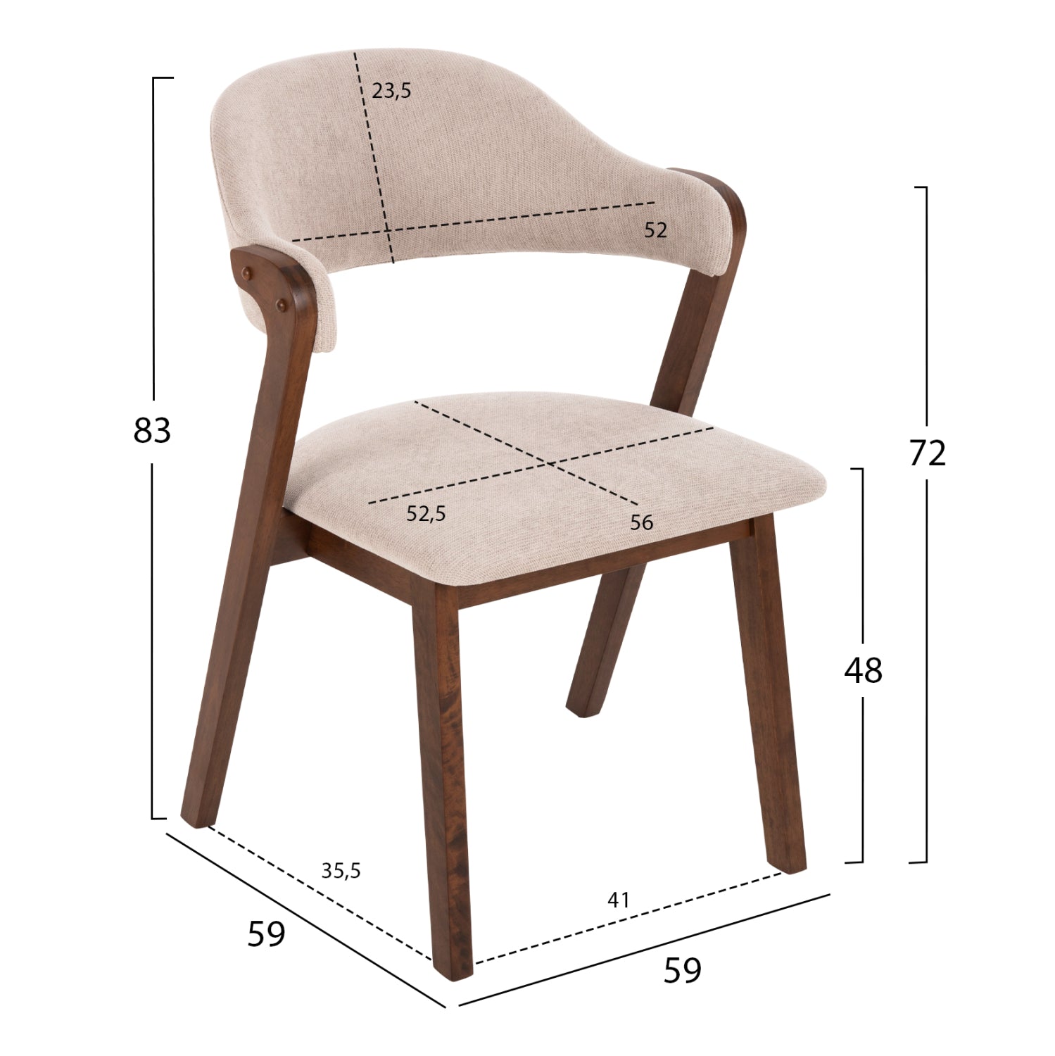 DINING CHAIR RIDER HM9734.02 RUBBERWOOD IN WALNUT COLOR-ECRU FABRIC 59x59x83Hcm.