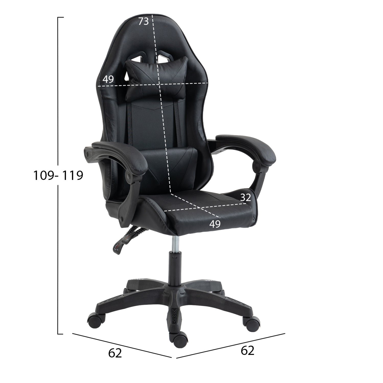 GAMING CHAIR STRATUS HM1231.01 BLACK PVC--WITH LUMBAR AND HEAD SUPPORT CUSHIONS 62x62x119Hcm.
