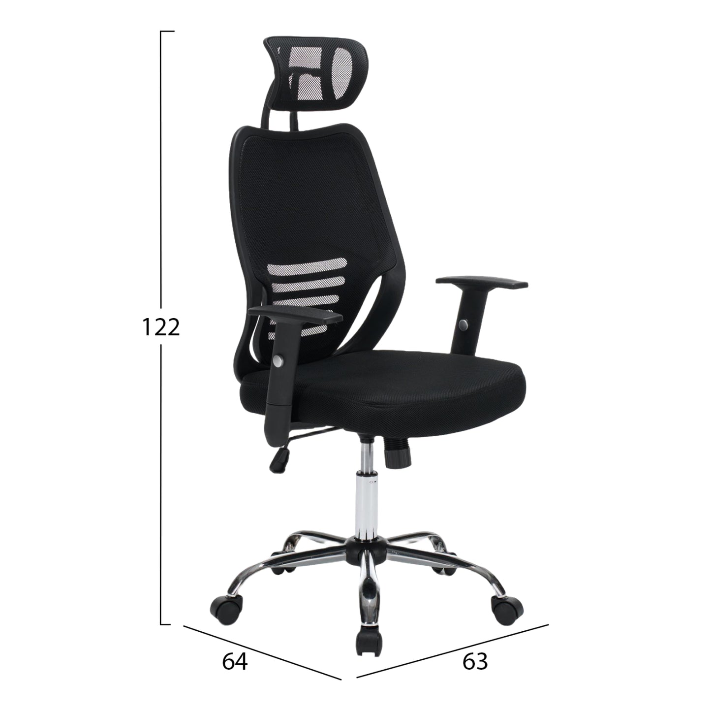 OFFICE CHAIR BRIEF HM1206.01 BLACK MESH FABRIC--CHROMED BASE 63x64x122Hcm.