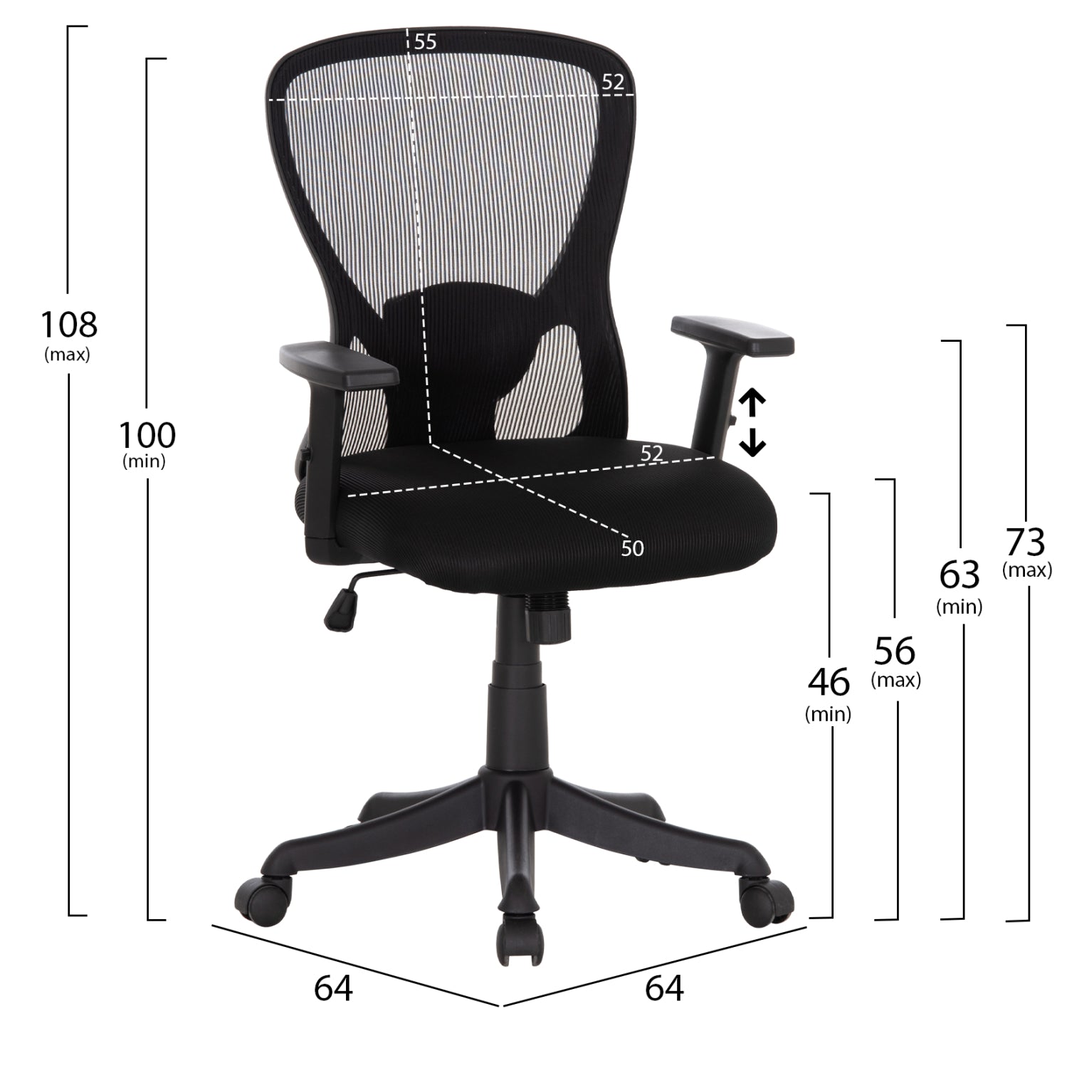 OFFICE CHAIR KRAM HM1208.01 BLACK FRAME--BLACK MESH FABRIC 64x64x100-108Hcm.