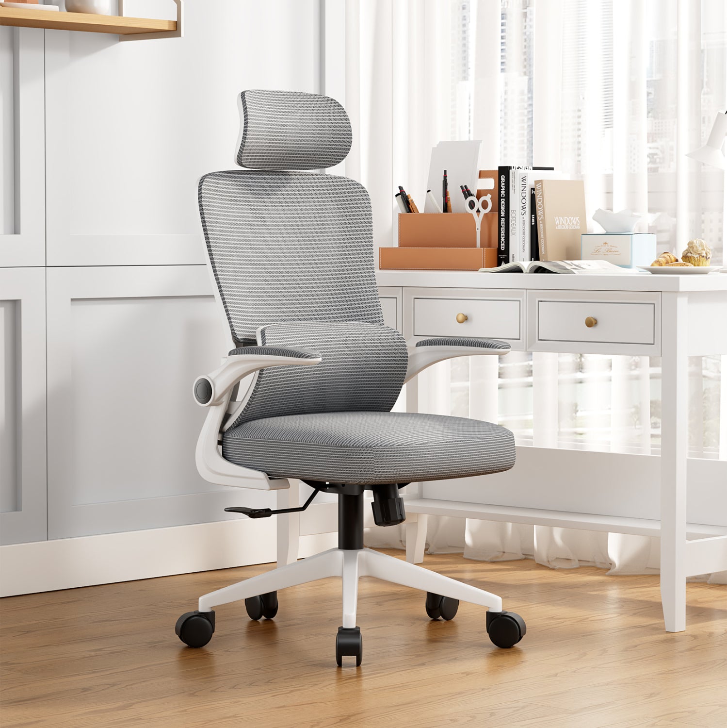 OFFICE CHAIR KESI HM1222.02 LIGHT GREY MESH FABRIC--WHITE PP 52x50x122Hcm.
