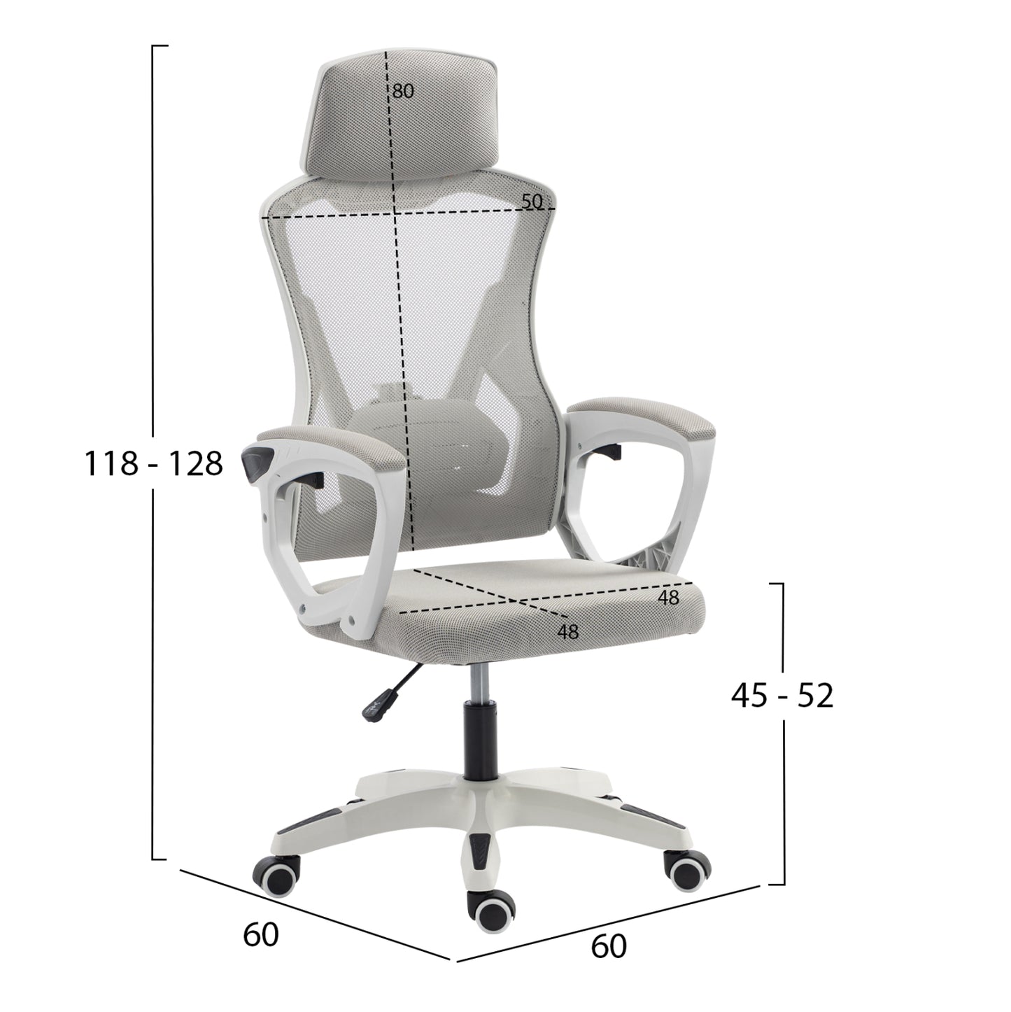 OFFICE CHAIR SALAS HM1223.02 P.P. IN WHITE--MESH FABRIC IN LIGHT GREY 60x60x118-128Hcm.