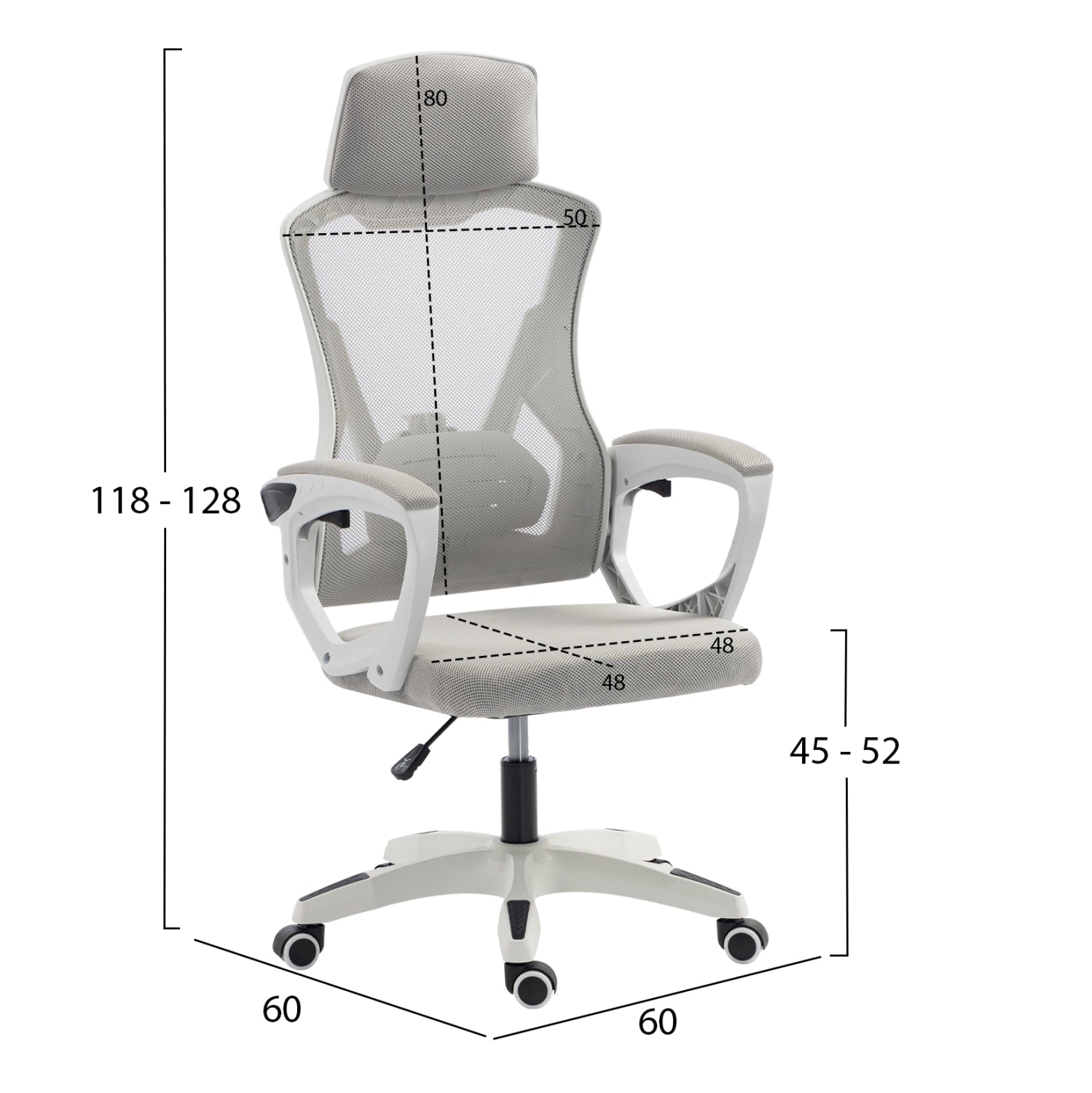 OFFICE CHAIR SALAS HM1223.02 P.P. IN WHITE--MESH FABRIC IN LIGHT GREY 60x60x118-128Hcm.
