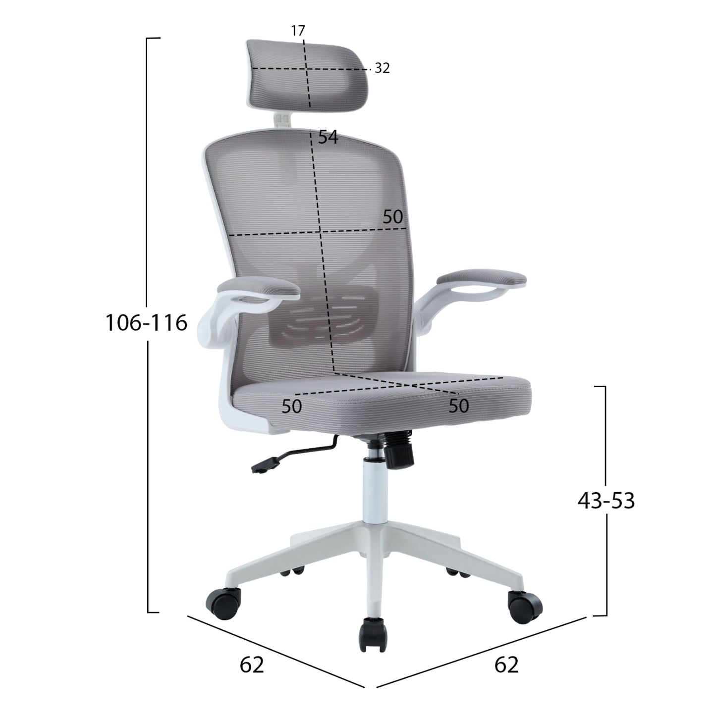 OFFICE CHAIR FLOATER HM1230.02 WHITE PP--LIGHT GREY MESH 62x62x106-116Hcm.