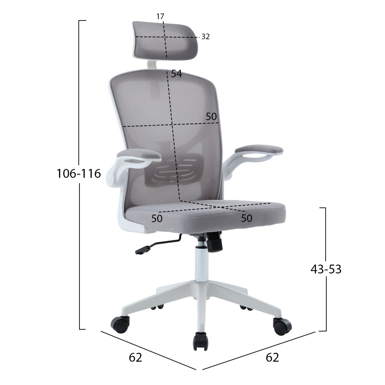 OFFICE CHAIR FLOATER HM1230.02 WHITE PP--LIGHT GREY MESH 62x62x106-116Hcm.