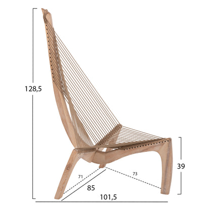 LOUNGE CHAIR HARP HM9861 ASH WOOD FRAME AND SYNTHETIC ROPE IN NATURAL COLOR 85x101,5x128,5Hcm.