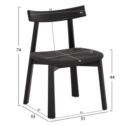 DINING CHAIR OSORIO HM18335.02 RUBBERWOOD & ROPE IN BLACK 51x55x74Hcm.