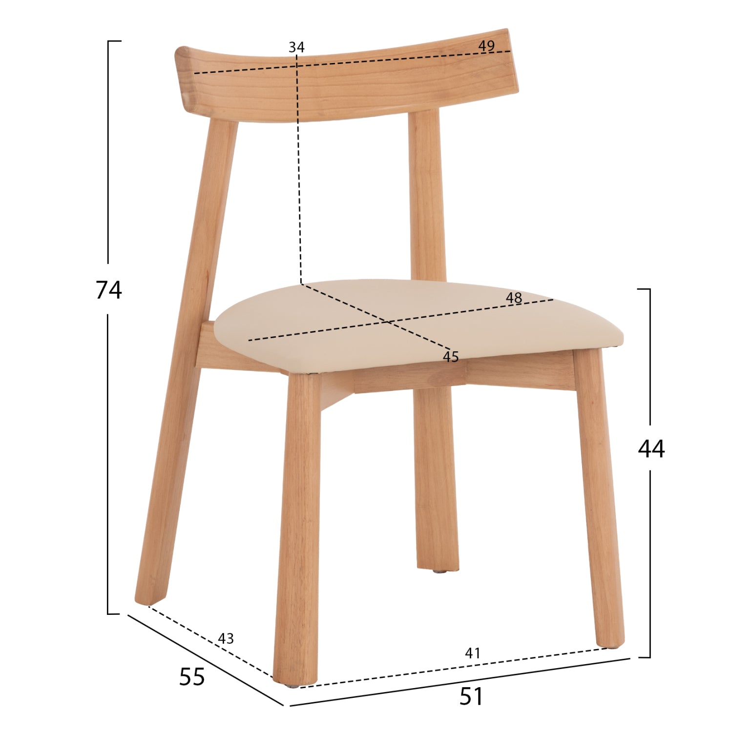 DINING CHAIR OSORIO HM18335.11 RUBBERWOOD IN NATURAL-ECRU PU 51x55x74Hcm.