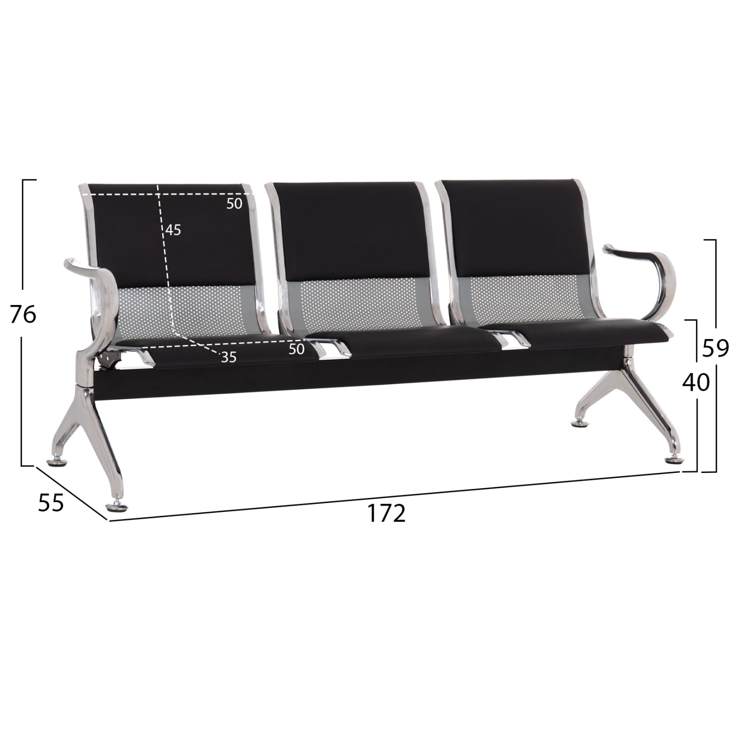 BENCH 3-SEATER AIRPORT-TYPE AVIATOR HM18400 METALLIC WITH BLACK PU 172x55x76Hcm.
