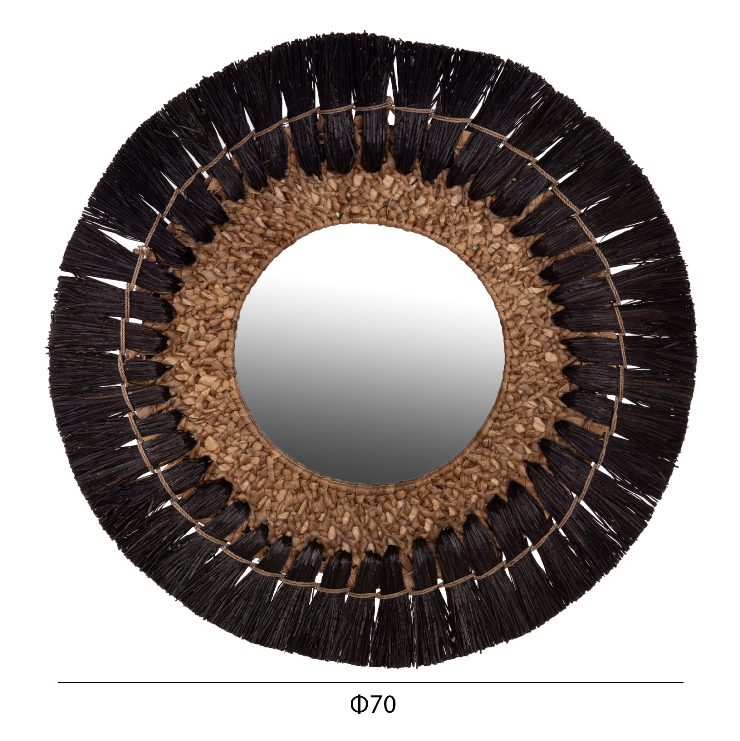 WALL MIRROR ROUND HM7832 MENDONG GRASS FRAME IN BLACK&NATURAL COLOR Φ70cm.