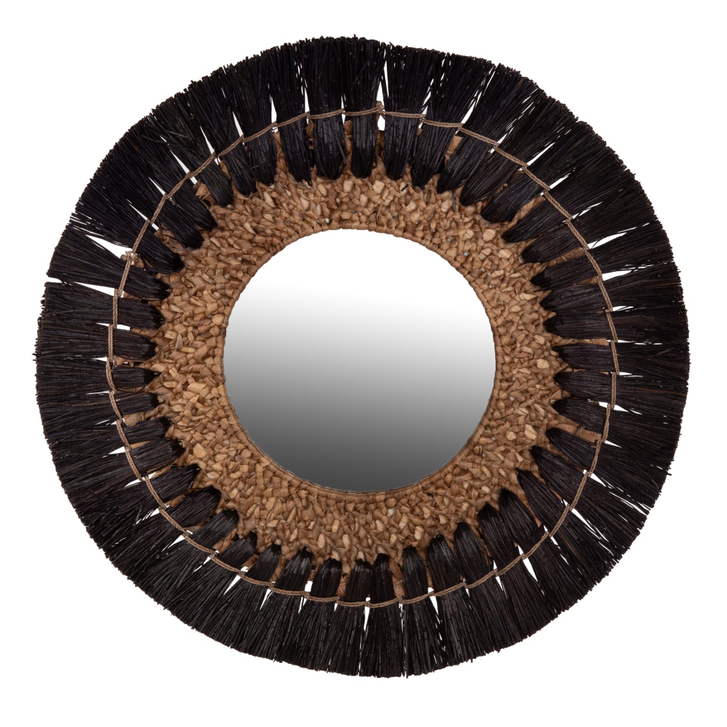 WALL MIRROR ROUND HM7832 MENDONG GRASS FRAME IN BLACK&NATURAL COLOR Φ70cm.