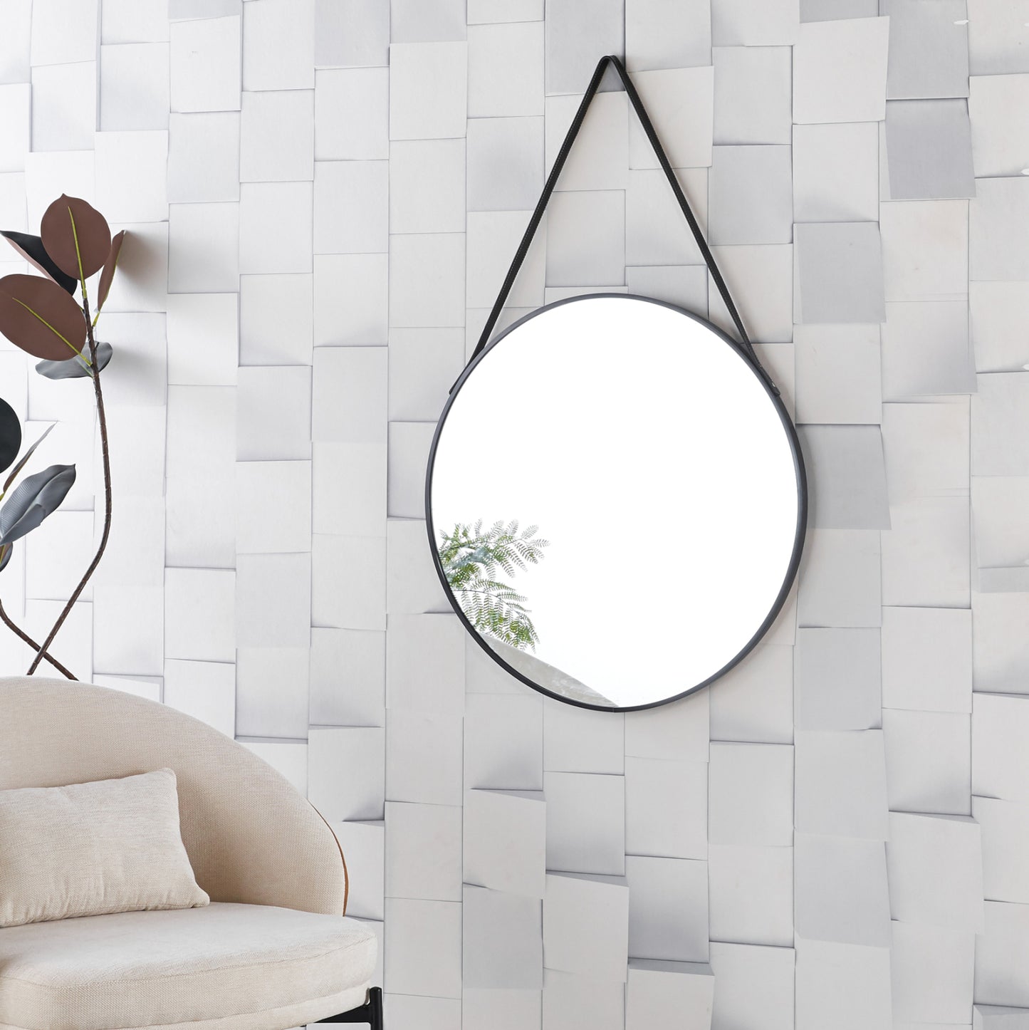WALL MIRROR ROUND WITH HANGING STRAP HARKER HM4879 ALUMINUM FRAME IN BLACK Φ70cm